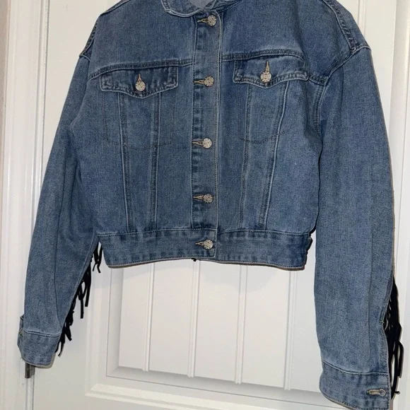 SHEIN Jean Jacket Blue and Black with Fringe and Animal Print - Picture 9 of 13
